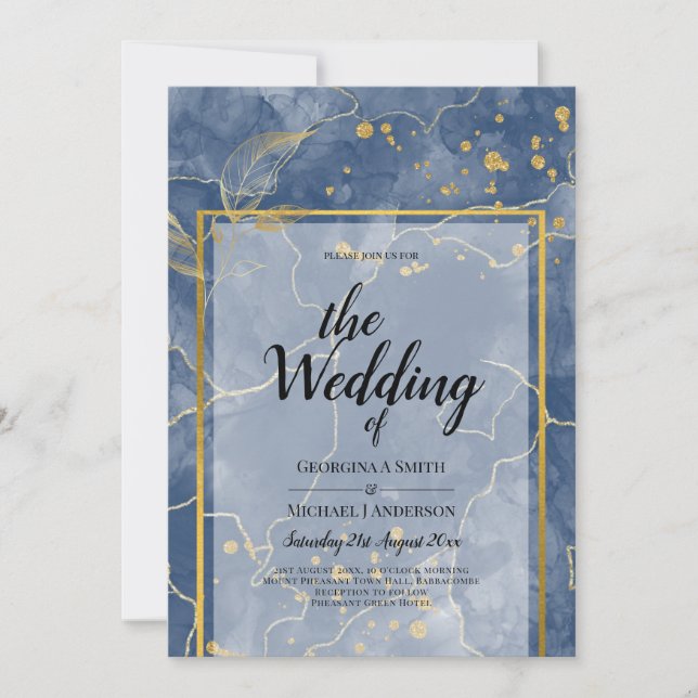 Convite Casamento Dourado Azul com Marinho LeahG INK (Frente)