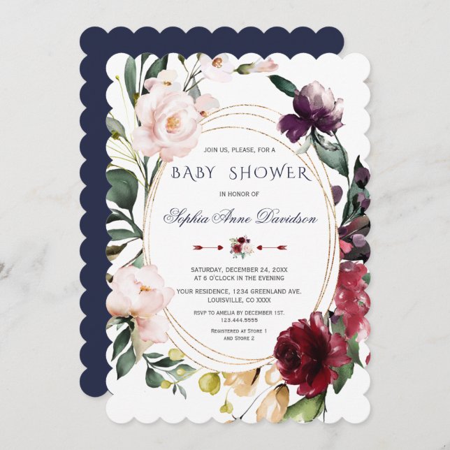 Convite Casamento Dourado Azul das Flores do Burgundy Real (Frente/Verso)