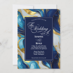 Convite Casamento Dourado, Azul e Branco Marmoreado Elegan