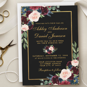 Convite Casamento Dourado Azul Floral Azul da Burgundy