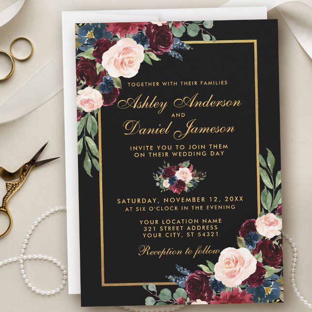 Convite Casamento Dourado Azul Floral Azul da Burgundy (Customize to change text size, color, style or color of back of card.)