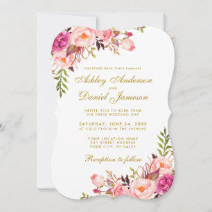 Convite Casamento Dourado B, , Cor Floral, Rosa