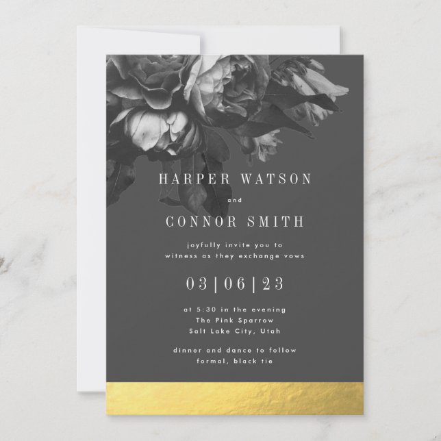 Convite Casamento Dourado Black Stripe Rose Bouquet (Frente)