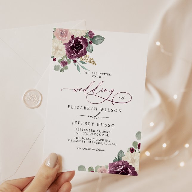 Convite Casamento Dourado Botânico Elegante Moderno de Plu (Elegant Modern Plum Gold Botanical Floral Wedding Invitation)