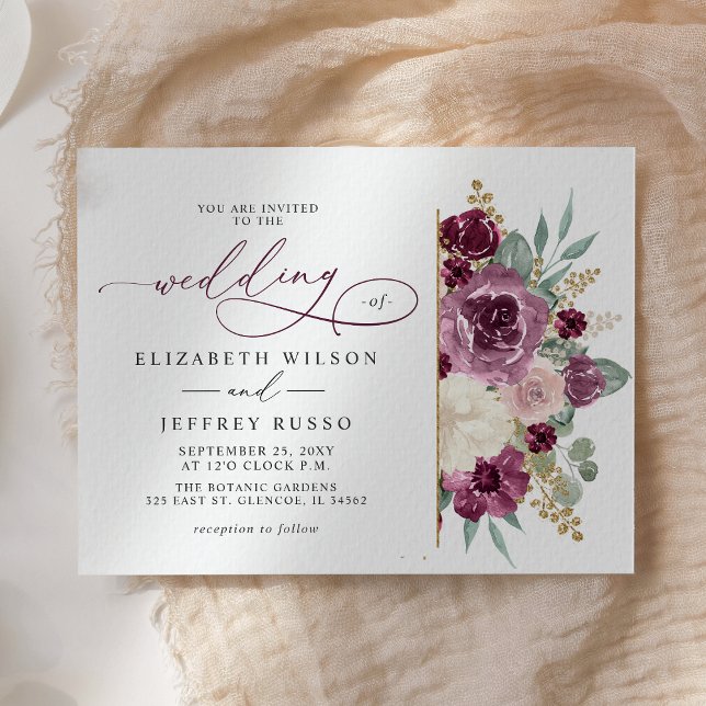 Convite Casamento Dourado Botânico Elegante Moderno de Plu (Elegant Modern Plum Gold Botanical Floral Wedding Invitation)
