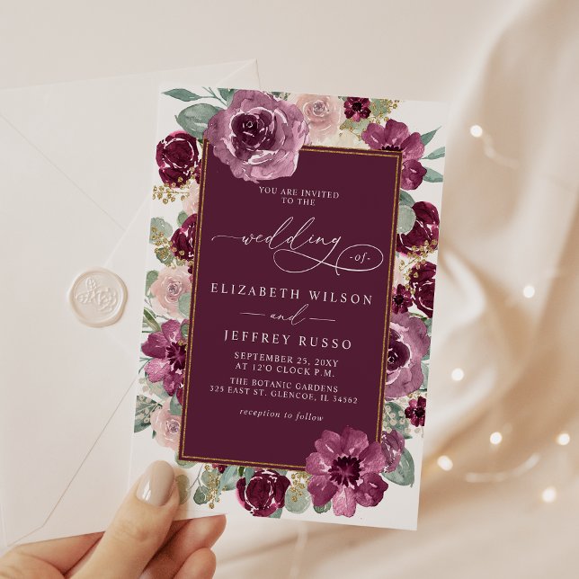 Convite Casamento Dourado Botânico Elegante Moderno de Plu (Elegant Modern Plum Gold Botanical Floral Wedding Invitation)