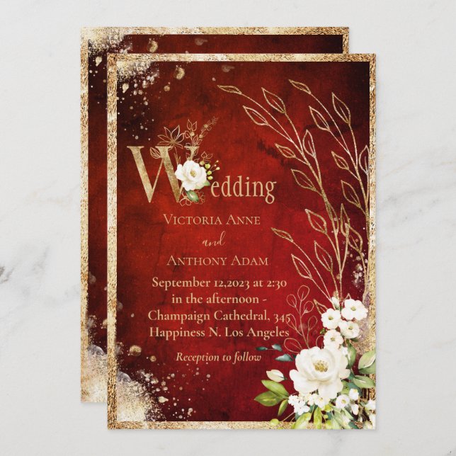 Convite Casamento Dourado Botânico Floral Vermelho Branco (Frente/Verso)