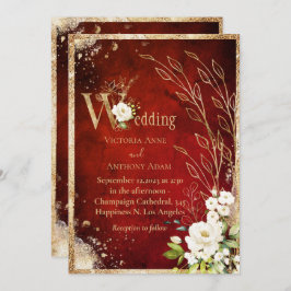 Convite Casamento Dourado Botânico Floral Vermelho Branco