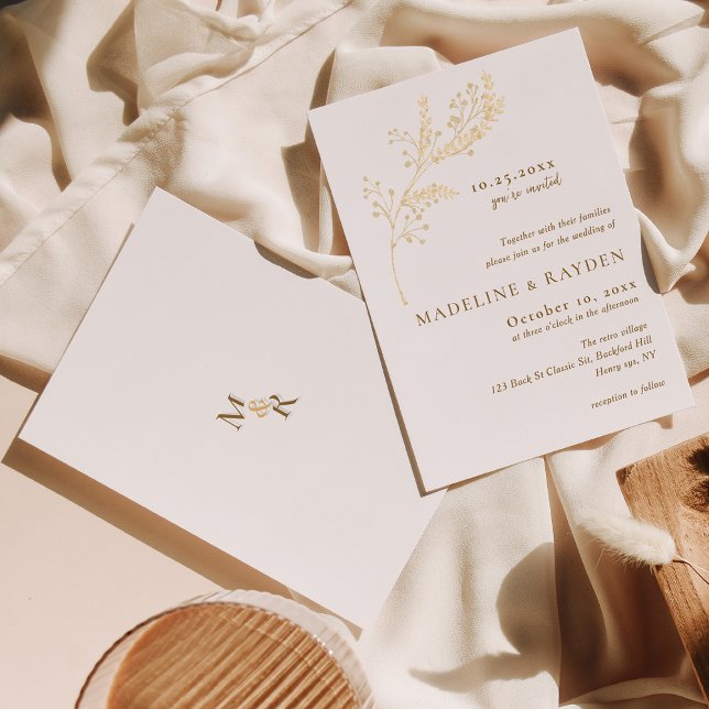 Convite Casamento Dourado Botânico Monograma Delicado (Criador carregado)