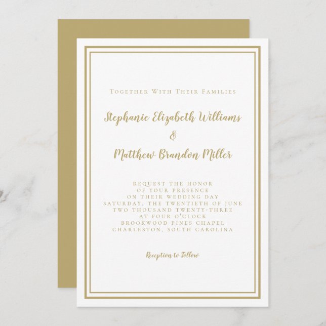 Convite Casamento Dourado Branco Clássico Simples e Minima (Frente/Verso)