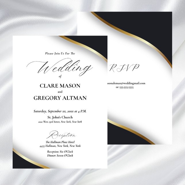 Convite Casamento Dourado branco preto elegante com RSVP (Elegant Black White Gold Wedding Invitation)
