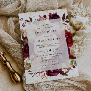 Convite Casamento Dourado Burgundy Elegante
