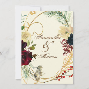 Convite Casamento Dourado Burgundy Red Watercolor