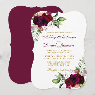 Convite Casamento Dourado Burgundy Watercolor Boho