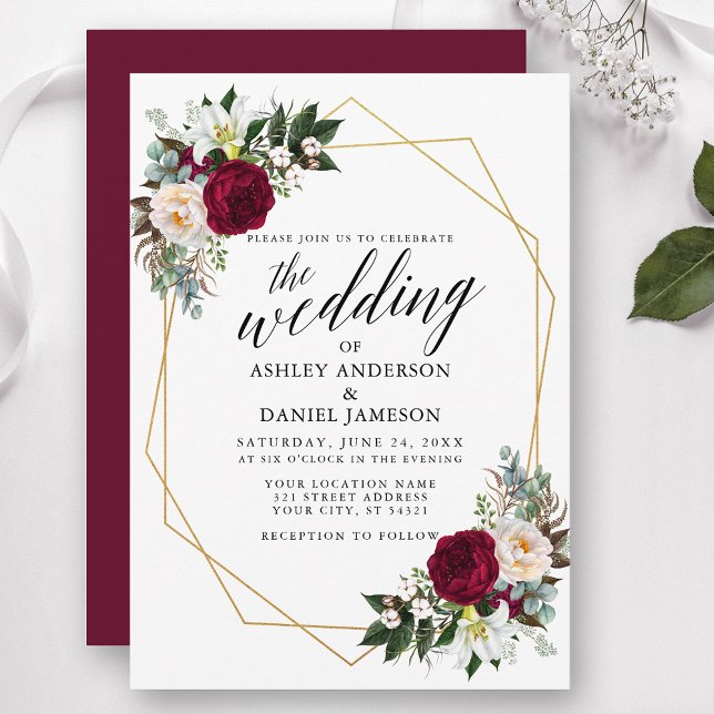 Convite Casamento Dourado Calliografia Burgundy Floral Gre (Customize to change text color, style, add text & photos to back or change color of back of card.)
