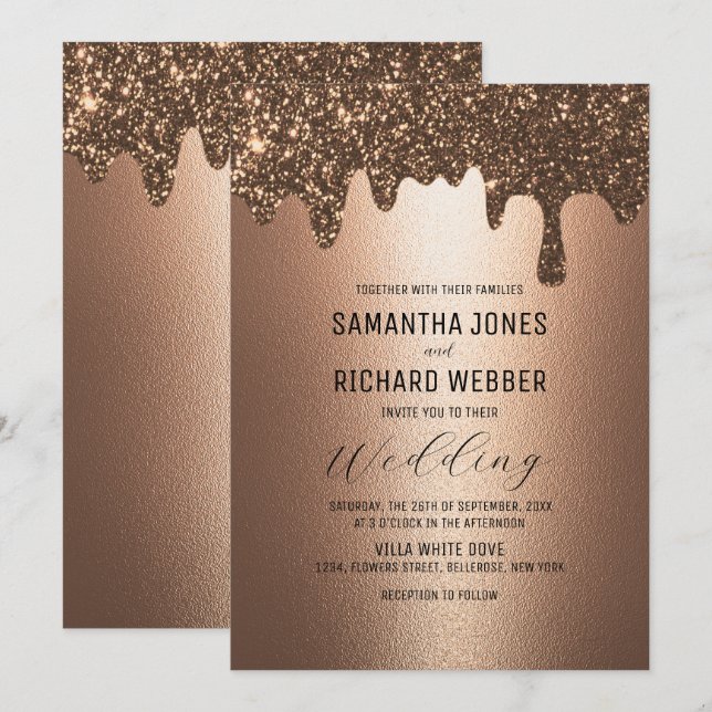 Convite Casamento Dourado Castanho com Brilho Metálico (Frente/Verso)