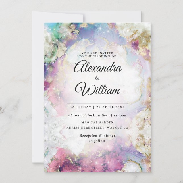 Convite Casamento Dourado Celestial Elegante Watercolor Mo (Frente)