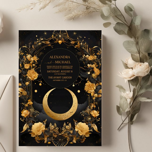 Convite Casamento Dourado Celestial Lua e Estrelas (Criador carregado)
