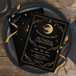 Convite Casamento Dourado Celestial Lua e Estrelas