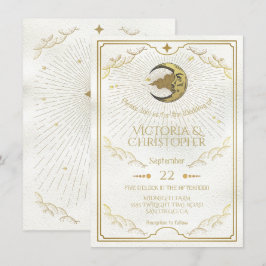 Convite Casamento Dourado Celestial Lua e Estrelas