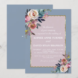 Convite Casamento Dourado Charming Dusty Blue Misty Rosa F