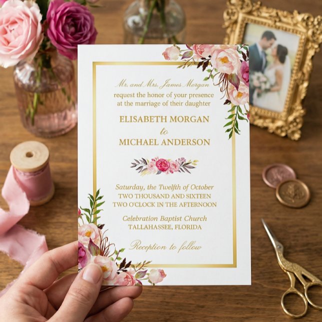 Convite Casamento Dourado Chic Floral Rosa-Esbranquiçado E (Criador carregado)