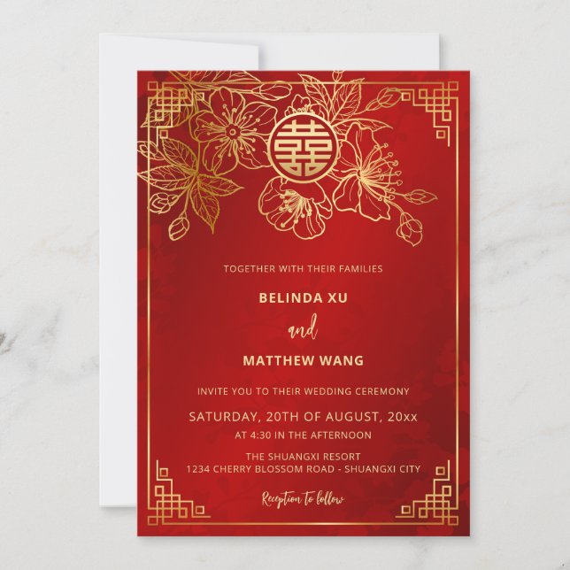Convite Casamento Dourado Chinês Vermelho BILINGUAL (Frente)