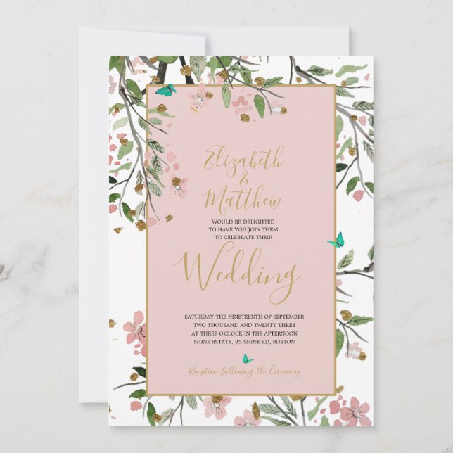 Convite Casamento Dourado Chinoiserie Floral Elegante Rosa (Verso)