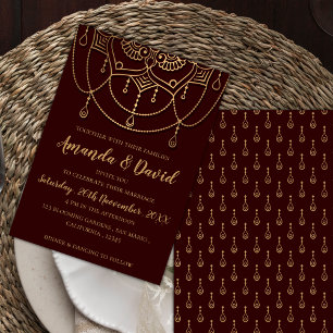 Convite Casamento Dourado clássico de Design vermelho mar