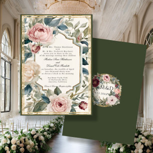 Convite Casamento Dourado Clássico de Elegante Floral Vint
