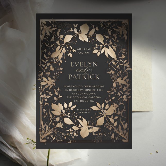 Convite Casamento Dourado Clássico Moderno da Floresta Moo (moody forest wedding invitation botanical frame dark gold elegant modern classic woodland fairy)