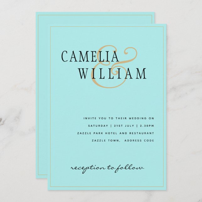Convite Casamento Dourado Clássico Turquoise Seaglass (Frente/Verso)