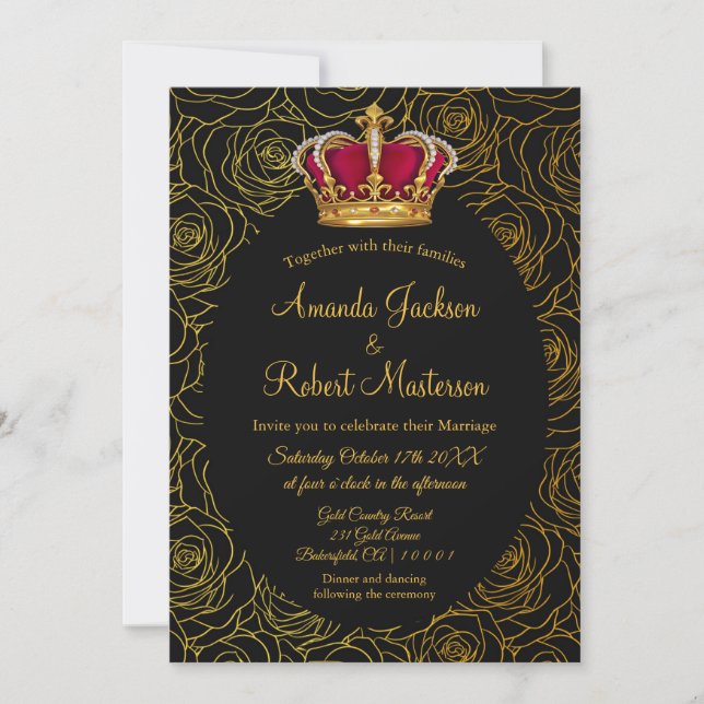Convite Casamento Dourado com a Coroa Negra (Frente)