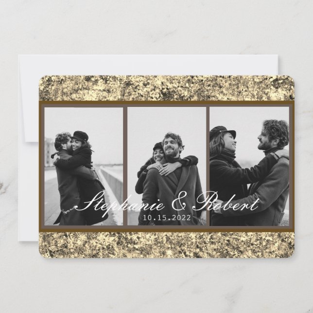 Convite Casamento Dourado com Abstrato de Leitura com Três (Frente)