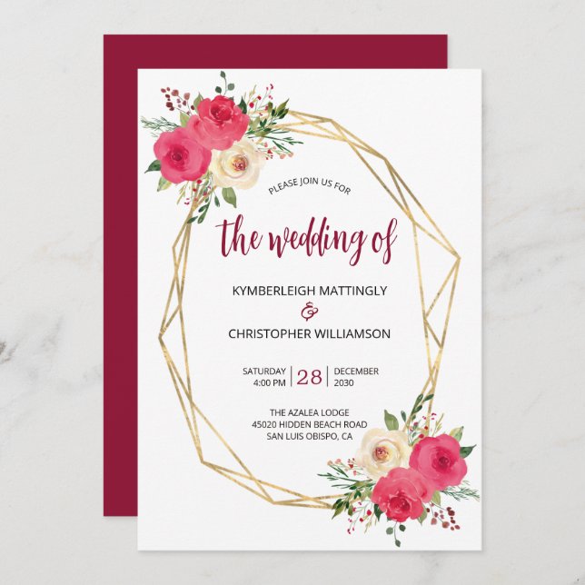 Convite Casamento Dourado com Aquarela Geométrica Burgundy (Frente/Verso)