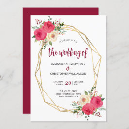 Convite Casamento Dourado com Aquarela Geométrica Burgundy
