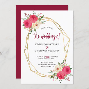 Convite Casamento Dourado com Aquarela Geométrica Burgundy