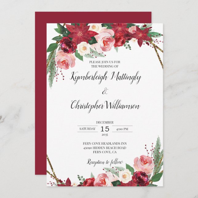 Convite Casamento Dourado com Aquarela Geométrica Burgundy (Frente/Verso)