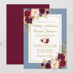 Convite Casamento Dourado com Borgonha Azul Azul e Azul