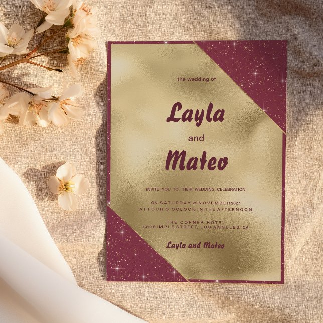 Convite Casamento Dourado com brilho de burgundy (Gold heart sparkle burgundy glitter Wedding)