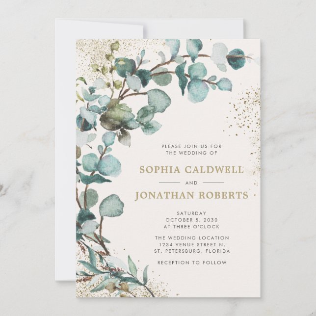 Convite Casamento Dourado com brilho Eucalyptus em um únic (Frente)