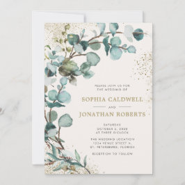 Convite Casamento Dourado com brilho Eucalyptus em um únic