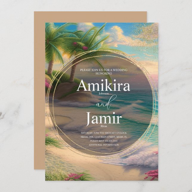 Convite Casamento Dourado com brilho na praia colorida (Frente/Verso)