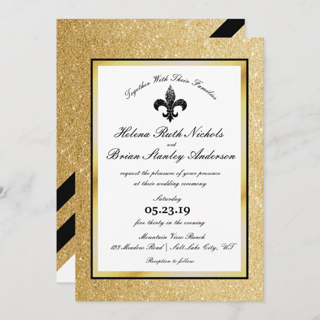 Convite Casamento Dourado com brilho preto Fleur de Lis (Frente/Verso)
