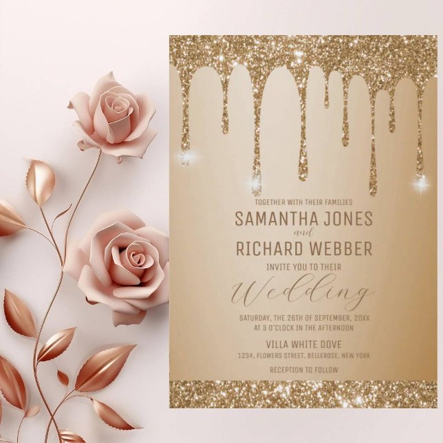 Convite Casamento Dourado com Champagne Beige (Criador carregado)