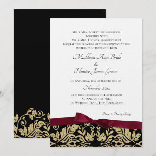 Convite Casamento Dourado com Damask e Arco Borgonha