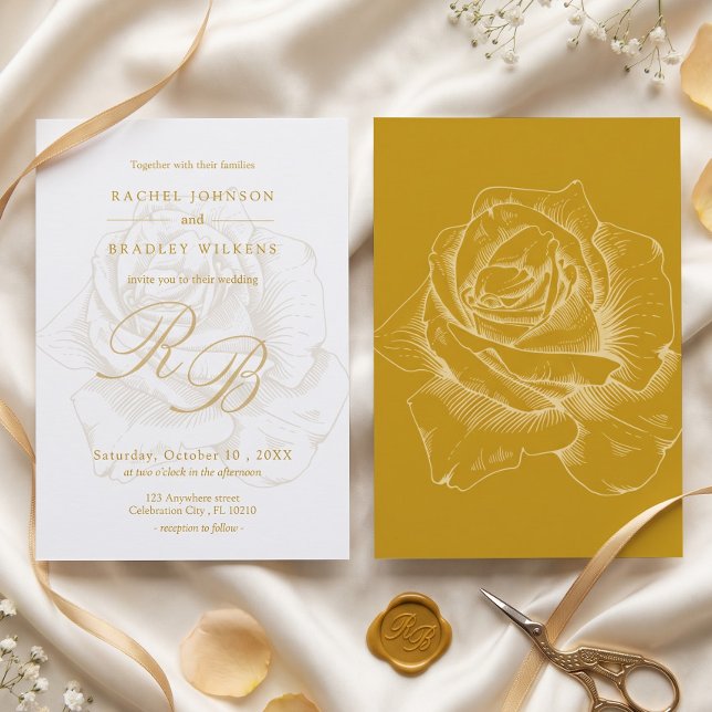 Convite Casamento Dourado com Detalhe de Rosa Simples Mode (Criador carregado)