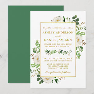 Convite Casamento Dourado com Floral Branco Verde