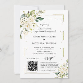 Convite Casamento Dourado com Flores Brancas do Código QR 