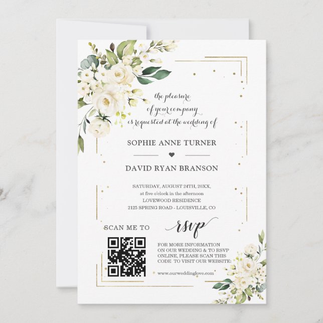 Convite Casamento Dourado com Flores Brancas do Código QR  (Frente)